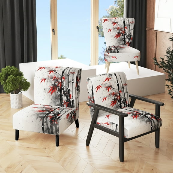 Designart "Red and Grey Bamboo of Japan I" Red Floral Upholstered Accent Chair - Traditional Arm Chair For Bedroom
