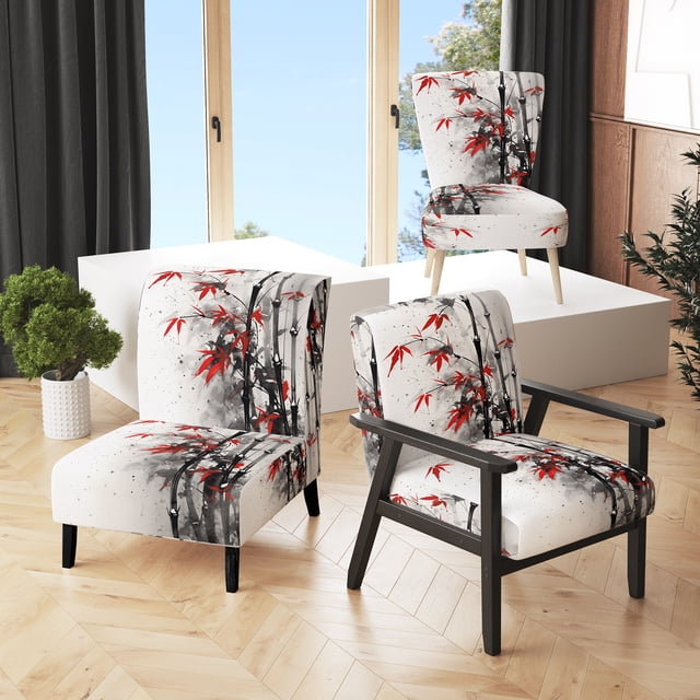 Designart "Bambou Rouge et Gris du Japon I" Fauteuil d'Appoint Floral Rouge - Fauteuil Traditionnel pour Chambre