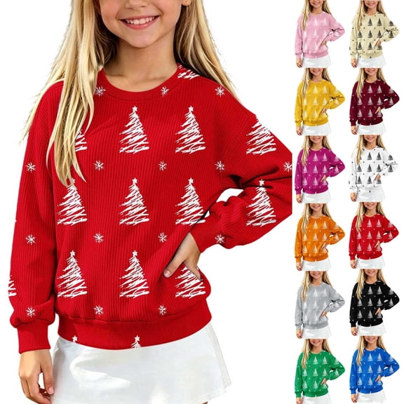 Frostluinai Christmas Sweaters for Girls 5-15 Years Ugly Xmas Tree Graphic Knit Pullover Crew Neck Long Sleeve Casual Fall Sweaters