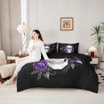 thumbnail image 4 of Castle Fairy Spooky Sketch Skull 7-Piece Twin Bedding,Boho Floral Rose Bedding Comforter Set,Violet Black,Black Reversible, 4 of 7