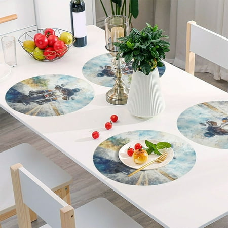 

Round Grid Placemat One Sizex1 Round Placemat PVC Plate Mat，15.4 Inch Non-Slip and Heat Resistant Table Placemat Dining Room Placemat Ride A Motorcycle