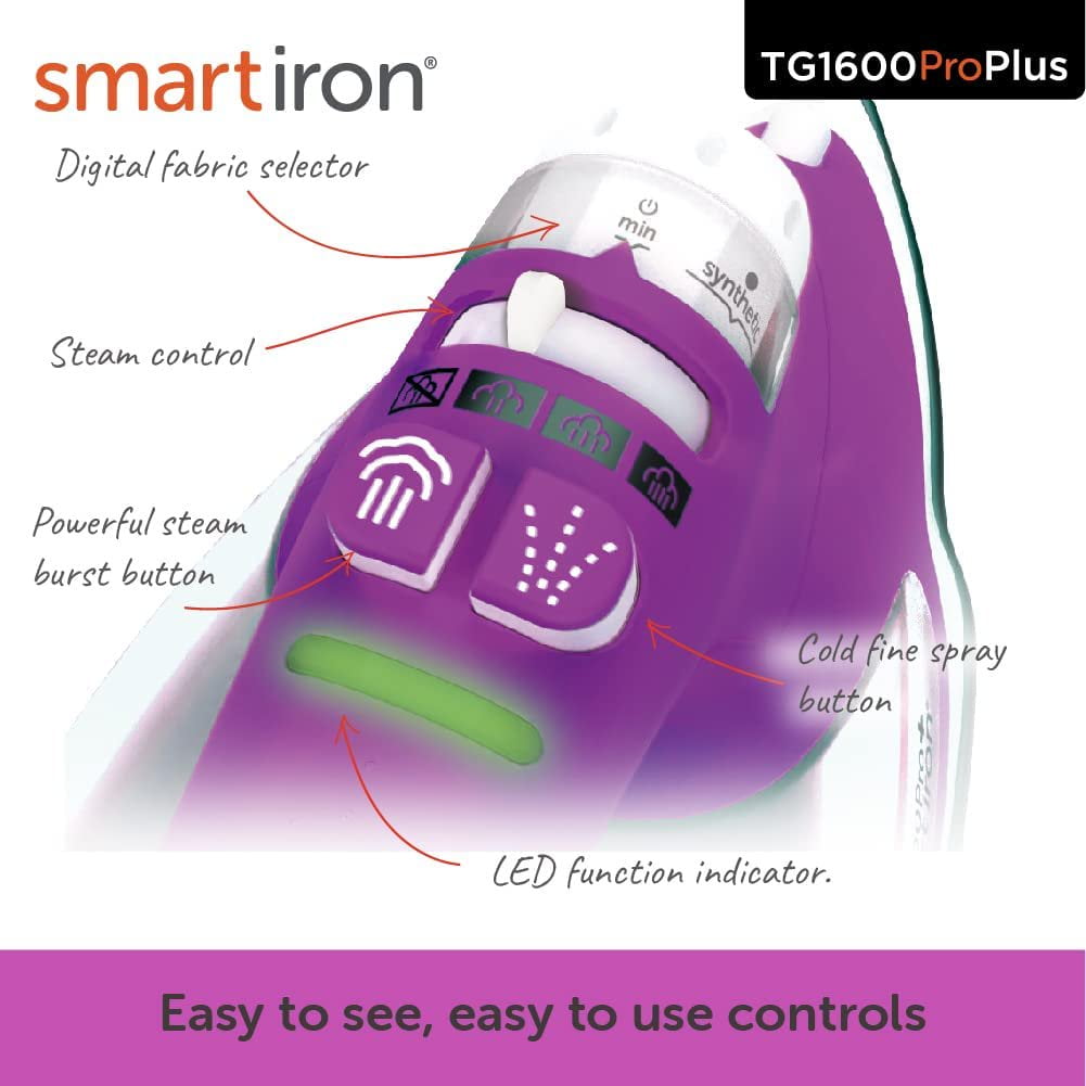 Oliso TG1600 Pro Plus 1800 Watt SmartIron with Auto Lift - for Clothes, Sewing, Quilting and Crafting Ironing | Diamond Ceramic-Flow Soleplate Steam Iron, Orchid