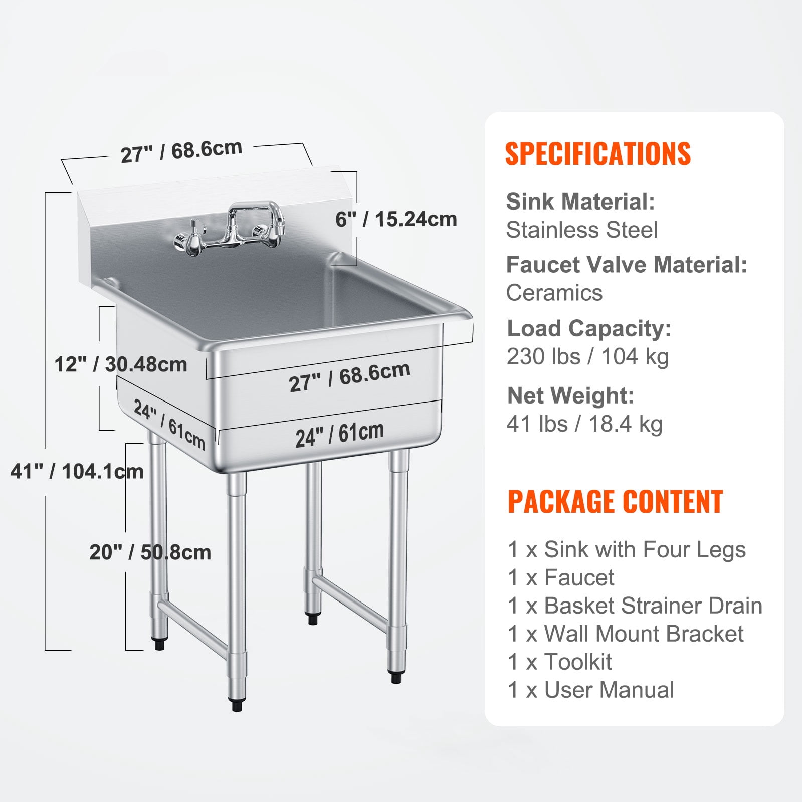 KFFKFF Utility and Preparation Sink in Stainless Steel, Single Basin with Faucet and Legs Included, Dimensions 27"x41", Ideal for Garage, Eatery, Kitchen, Laundry, Certified by