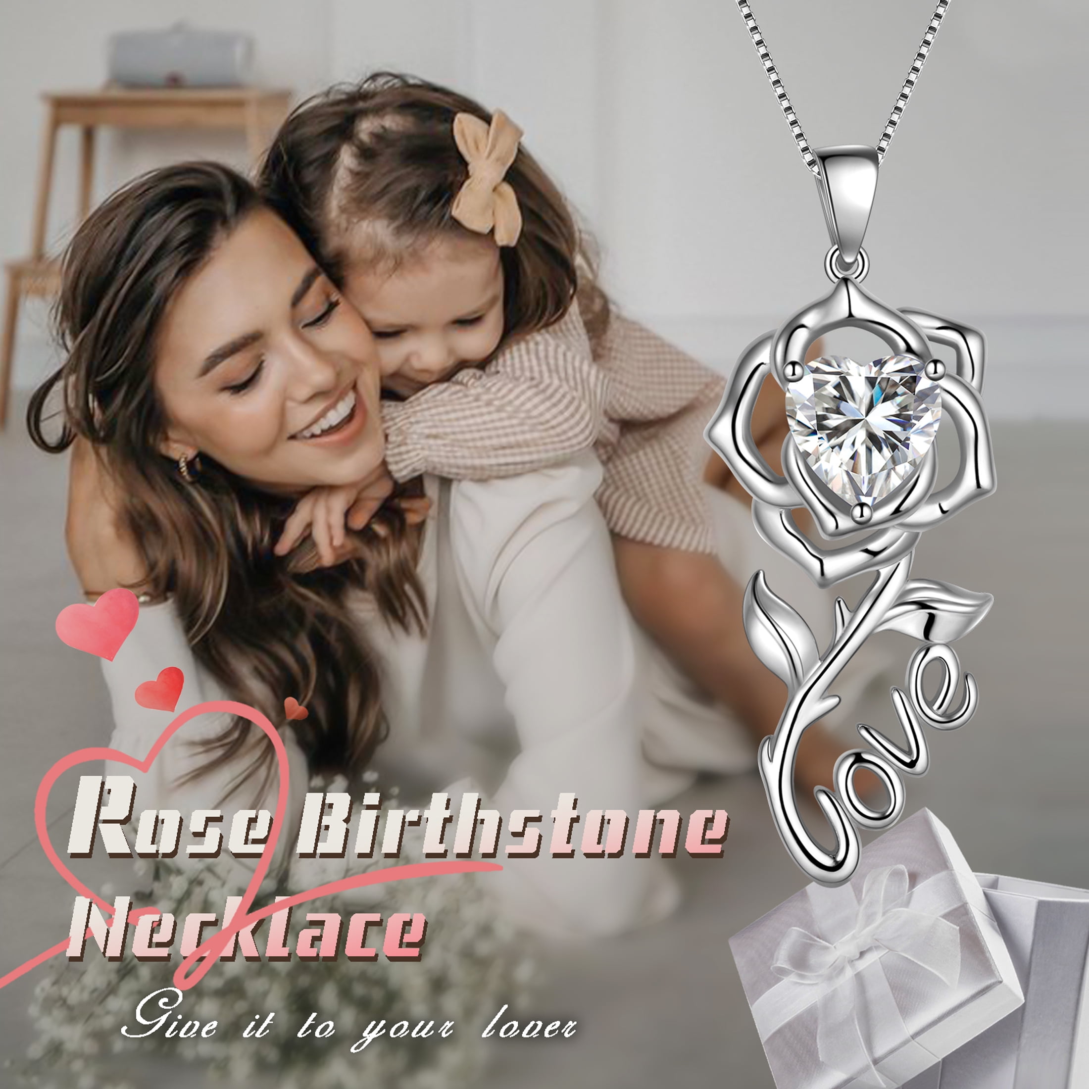 Beautlace Rose Love Necklace,925 Sterling Silver Birthstone Pendant Necklace Jewelry Birthday Christmas Valentines Mother's Day Gifts for Women Mom