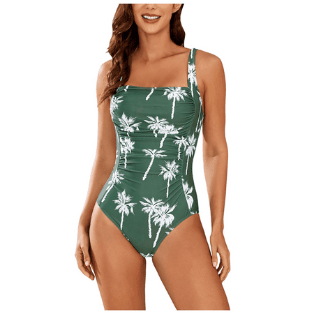 Fulorrnie One Piece Swimsuit for Petite Women High Waisted Adjustable Straps Square Neck Bathing Suit Low Back Swimwear Green S