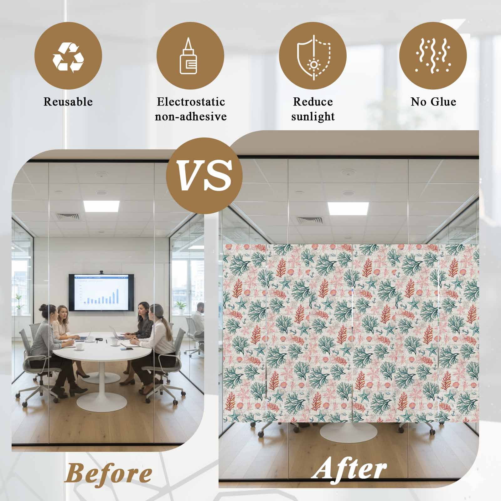 Coral Shell Window Privacy Film, Pink Green Red Coral Starfish Anchor Linen Texture Frosted Glass Window Clings Static Cling UV Heat Blocking Reusable Door Sticker for Bedroom 23.6x78.7 Inch