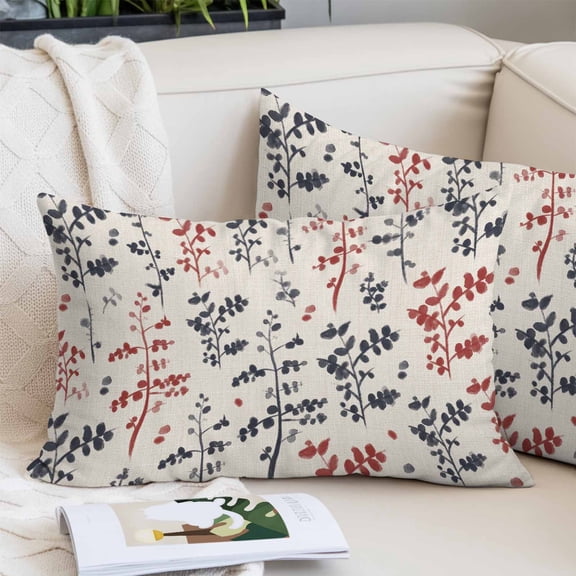 Grey Red Botanical Pillow Covers 24"x36", Rustic Country Spring Floral Summer Leaf Soft Brushed Microfiber Breathable Throw Pillow Covers, Pillowcase with Zipper for Couch Sofa Bedroom Living Room