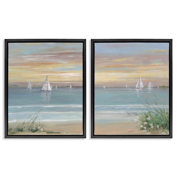 Stupell Industries Summer Shore Panorama 2 Piece Black Framed Floater Canvas Set, design by Sally Swatland