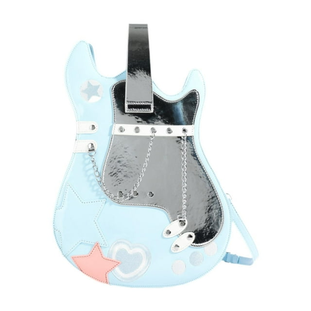 Mochila con forma de guitarra, cuero de PU de moda para vacaciones, viajes, compras, fiesta de trabajo Azul claro