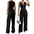 thumbnail image 2 of Women'S 2 Piece Outfits Elegant Blazer Vest Pockets Wide Leg Pant Suit Casual Matching Set Black S, 2 of 7