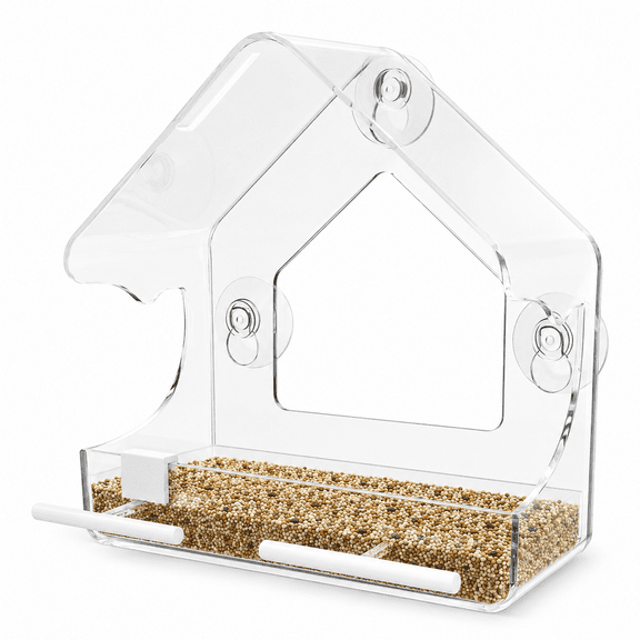 Transparent Bird Feeder, Window Mounted Clear Acrylic Cage for Outdoor Wild Bird Feeding, Wall Attach Viewing House