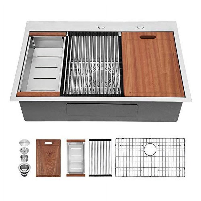 Kitchen Sink Drop In - Sarlai 28 Inch Stainless Steel Kitchen Sink Ledge Workstation Sink Drop-in Topmount 16 Gauge R10 Tight Radius Single Bowl Kitchen Sink
