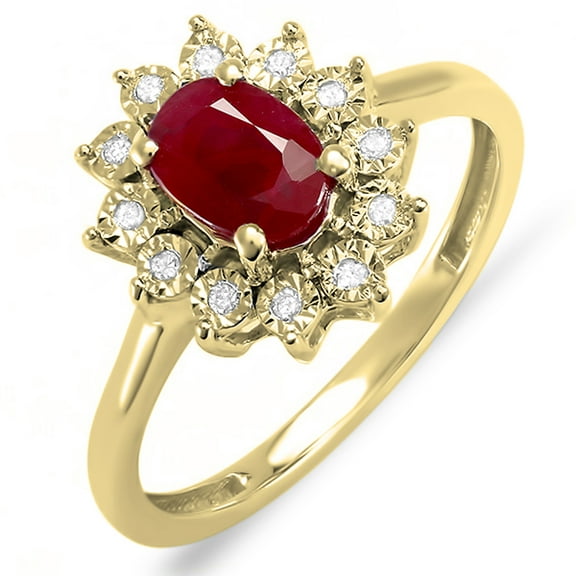1.25 Carat (ctw) Kate Middleton Diana Inspired 14K Yellow Gold Real Round Diamond Real Oval Ruby Royal Engagement Ring 1