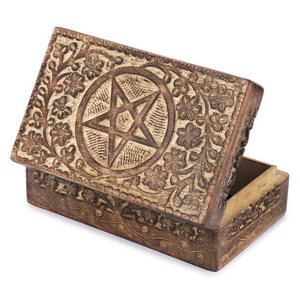 Ajuny Caja de Cofre del Tesoro Decorativa de Madera Tallada a Mano, Caja de Recuerdos con patrón de Flores y círculos de Estrellas marrones de 8 x 5 Pulgadas, Uso Multiusos como Caja de Reloj para Alm