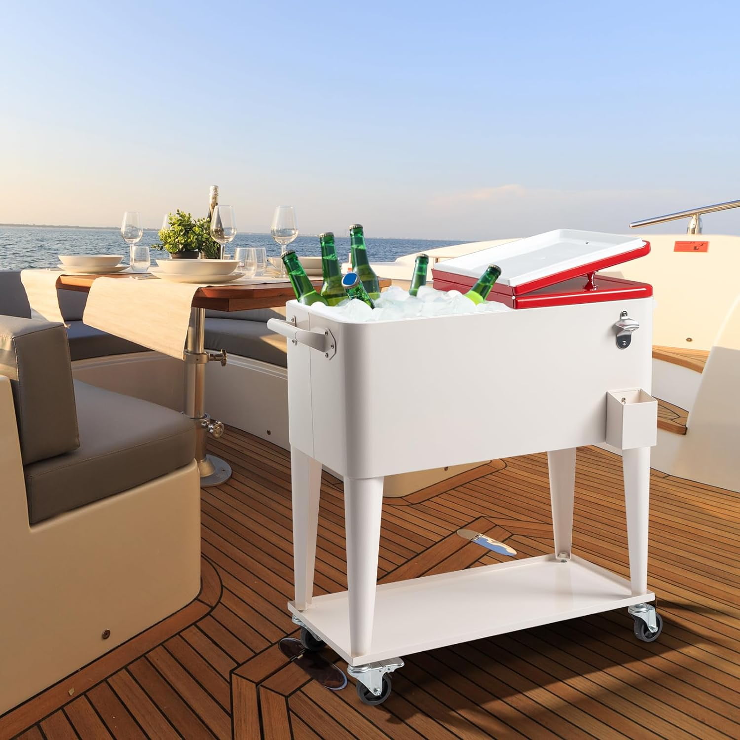 80 Quart Rolling Ice Chest, Portable Bar Drink Cooler with Catch Basin, Bottom Storage Tray and Bottle Opener for Patio Party BBQ Beach Activities