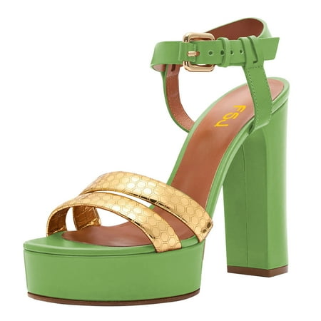 

FSJ Women Chunky Block Platform High Heels Sexy Open Toe Ankle Strap Sandals Fashion Strappy Wedding Party Evening Dance Summer Pumps Size 8.5 Green