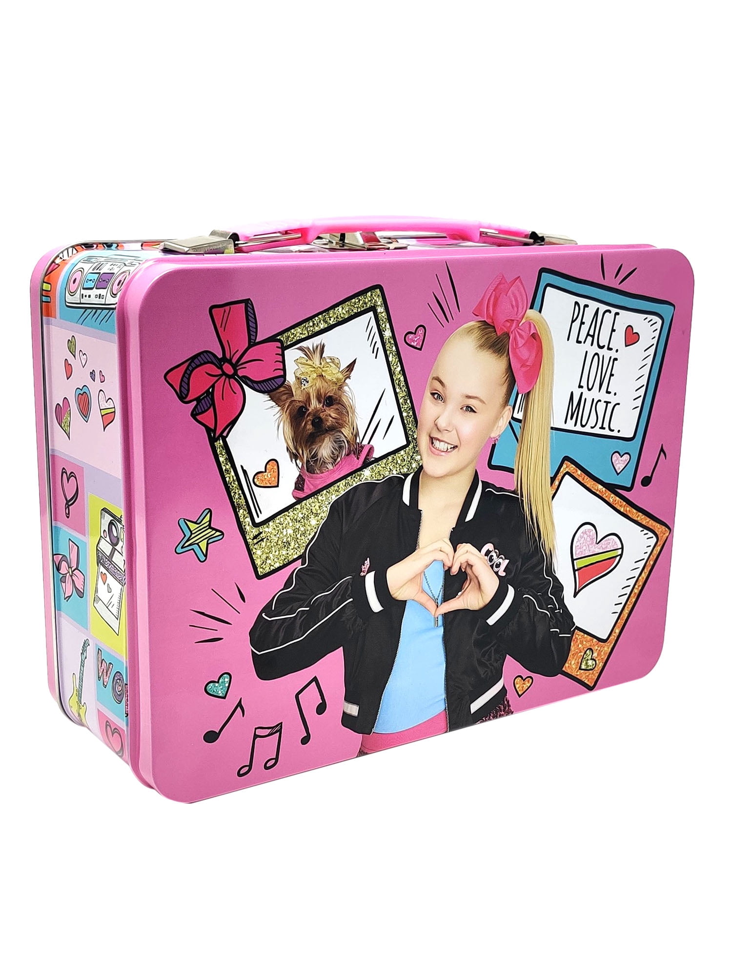 Girls JoJo Siwa Tin Lunch Box Music Hearts Pink w/ Buckle Handle