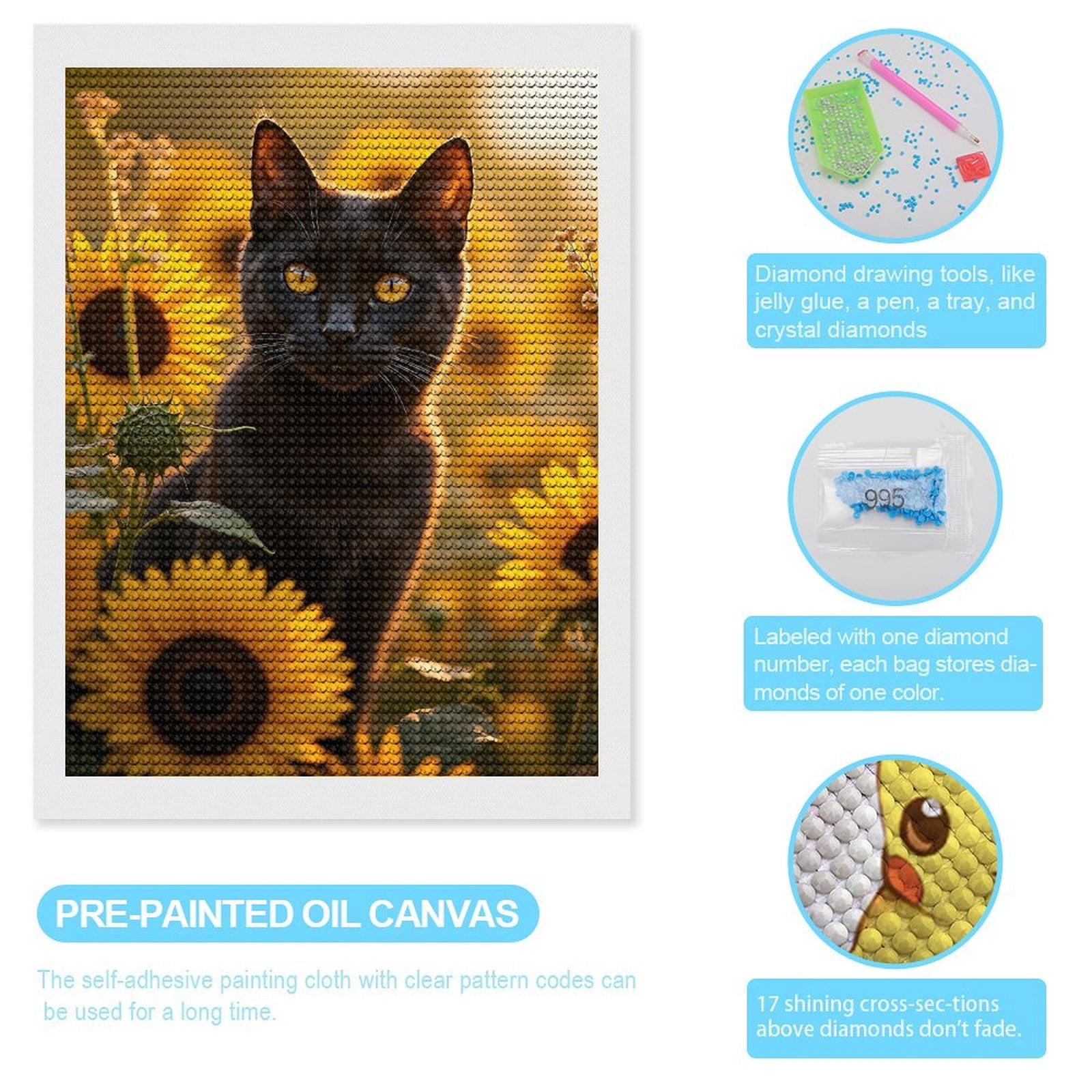 Diamond Art Kits for Adults, Black Cat Sunflowers Golden Glow 5D Diamond Painting Kits for Adults Beginners, DIY Full Drill Diamond Painting, Gem Art and Crafts 12x16