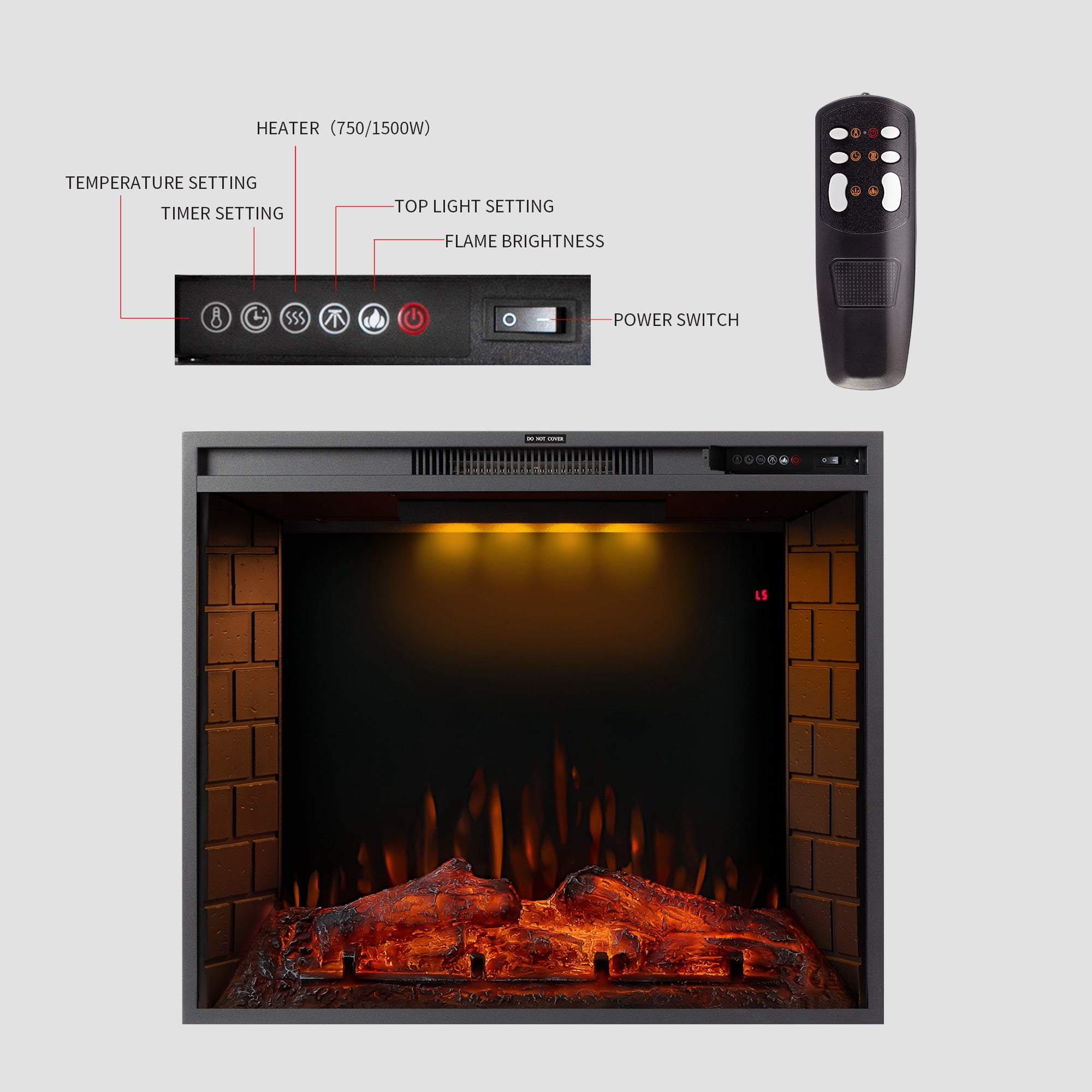 EUROCO 30 inch LED Recessed Electric Fireplace with 3 Top Light Colors, Remote Control, Adjustable Heating, and Touch Screen 1500W, Black