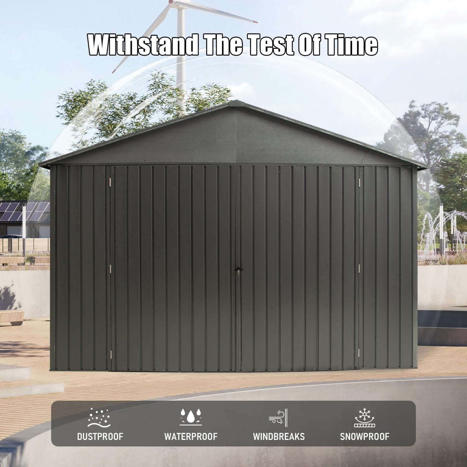 Miekor Furniture 12x25FT Outdoor Metal Garage Shed, Extra Large Metal Carport with Lockable Double Hinged Doors, Heavy Duty Car Shelter for Car, Truck, Motorcycle and Lawn Equipment, Dark Grey MK9689