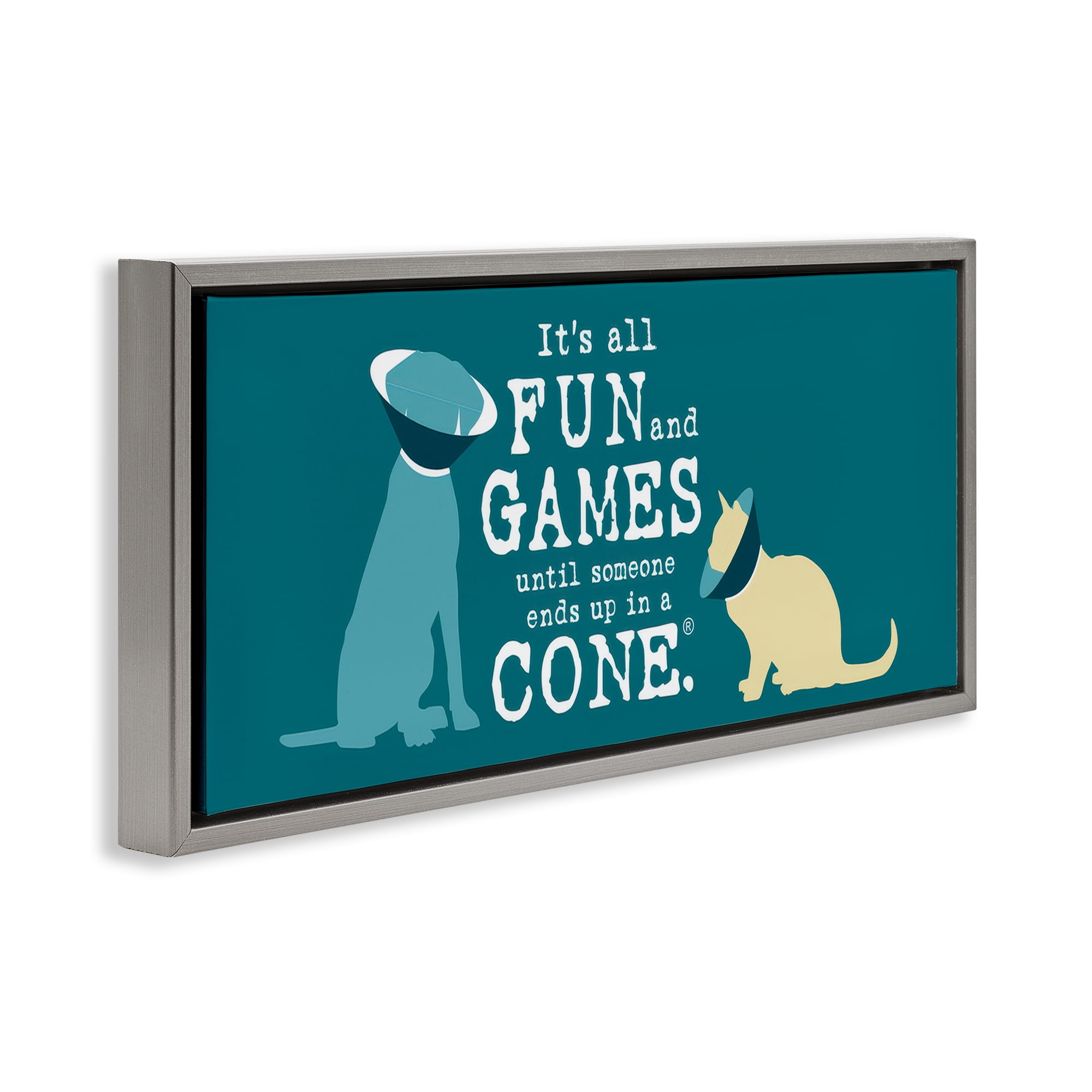 Stupell Industries Funny Cat & Dog Cone Animals Painting Gray Floater Framed Canvas Art Print Wall Art, 31 x 14