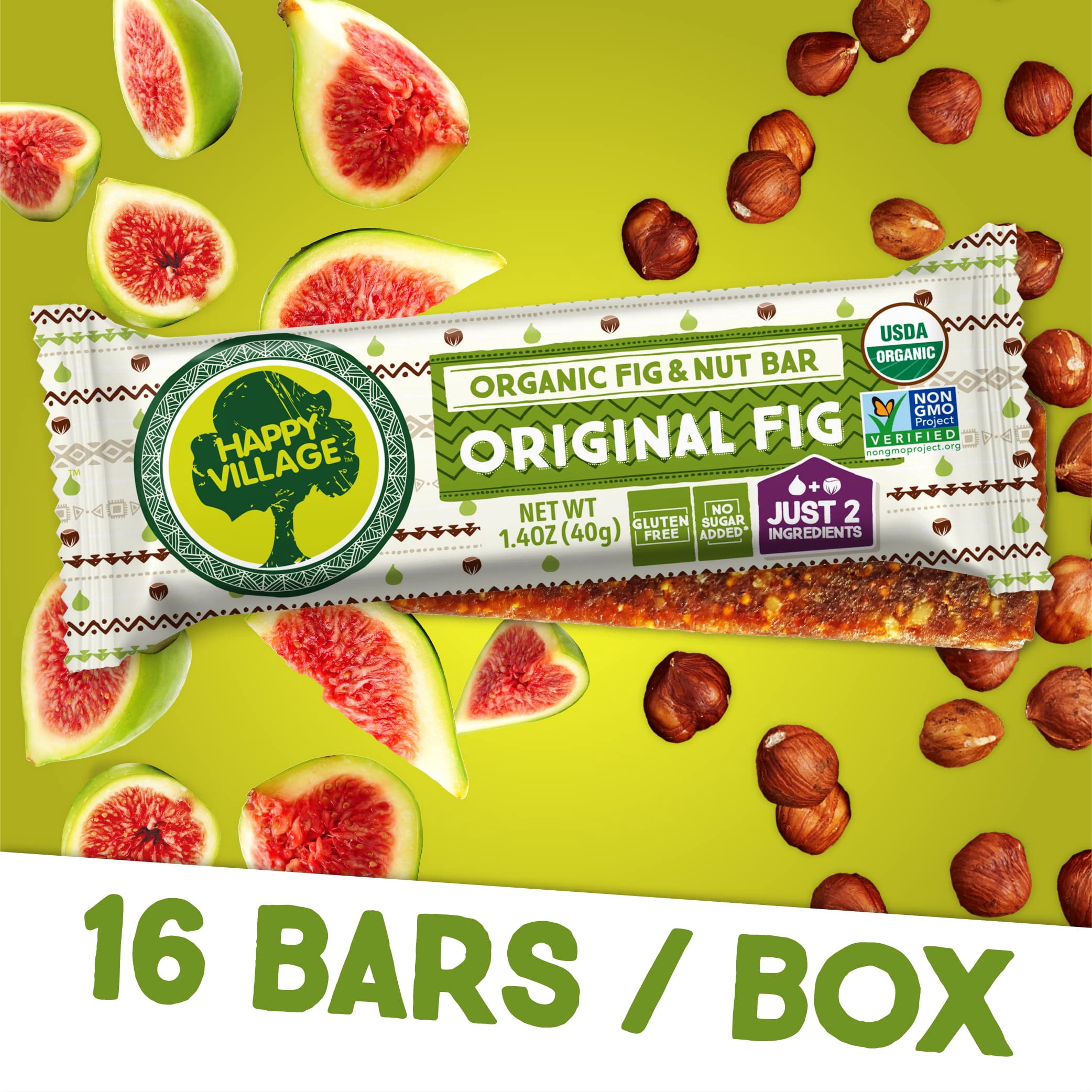 Happy Village Organic Fig & Nut Bars, Original Fig | Gluten Free, No Refined Sugar, Vegan, Non-GMO | 16 Bars x 1.4 oz each, Carton box