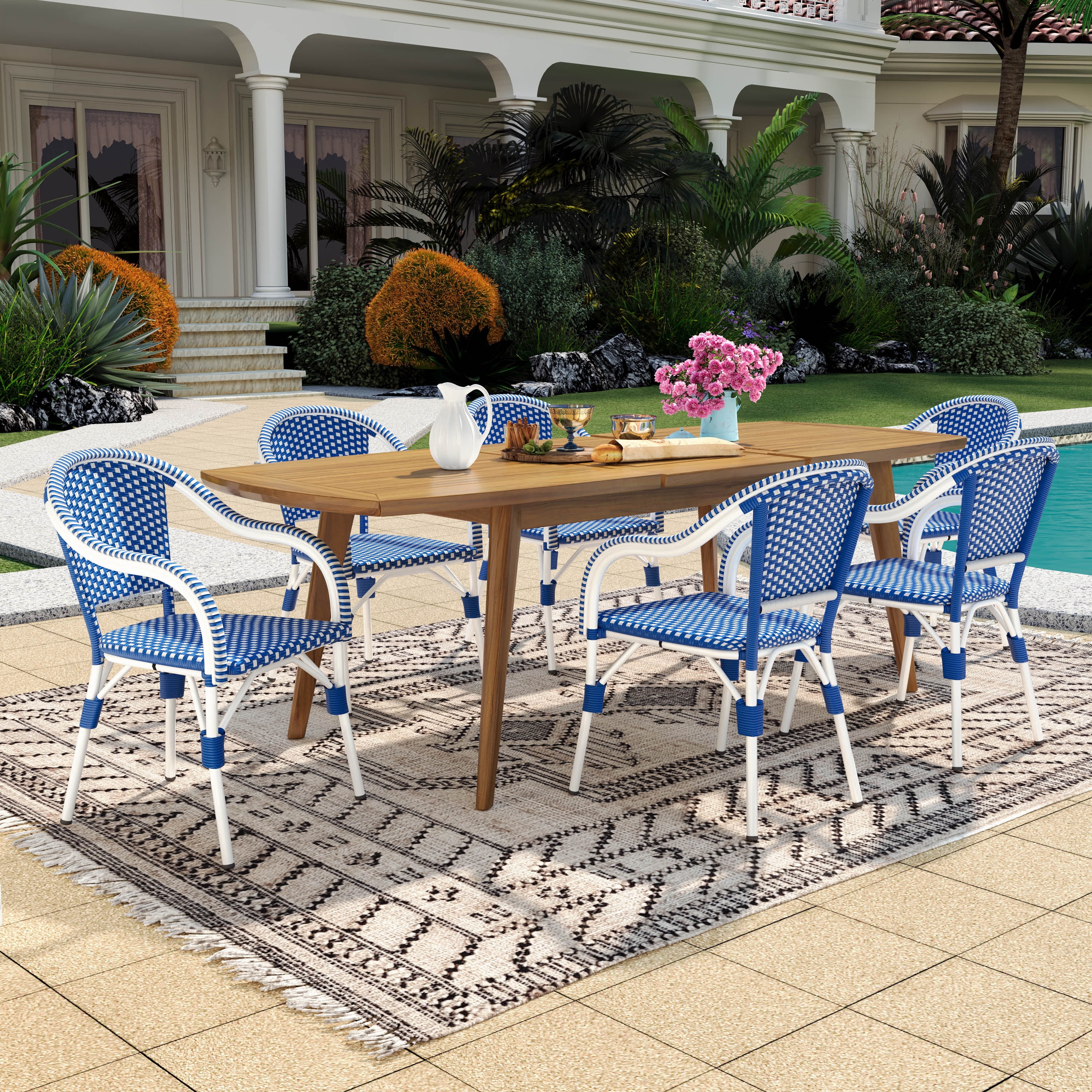 Christopher Knight Home 7PCS French Outdoor Dining Set with Expandable Wood Table & Wicker Chairs