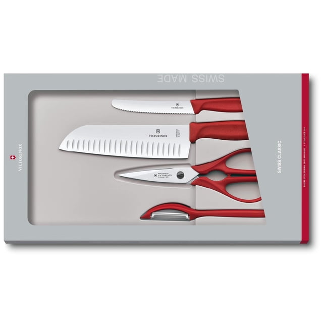 Victorinox Swiss Classic 4 Piece Kitchen Set with Kitchen Knife, Paring Knife, Kitchen Shears and Universal Peeler (Red)