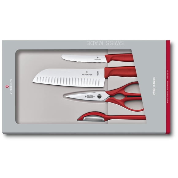Victorinox Swiss Classic 4 Piece Kitchen Set with Kitchen Knife, Paring Knife, Kitchen Shears and Universal Peeler (Red)