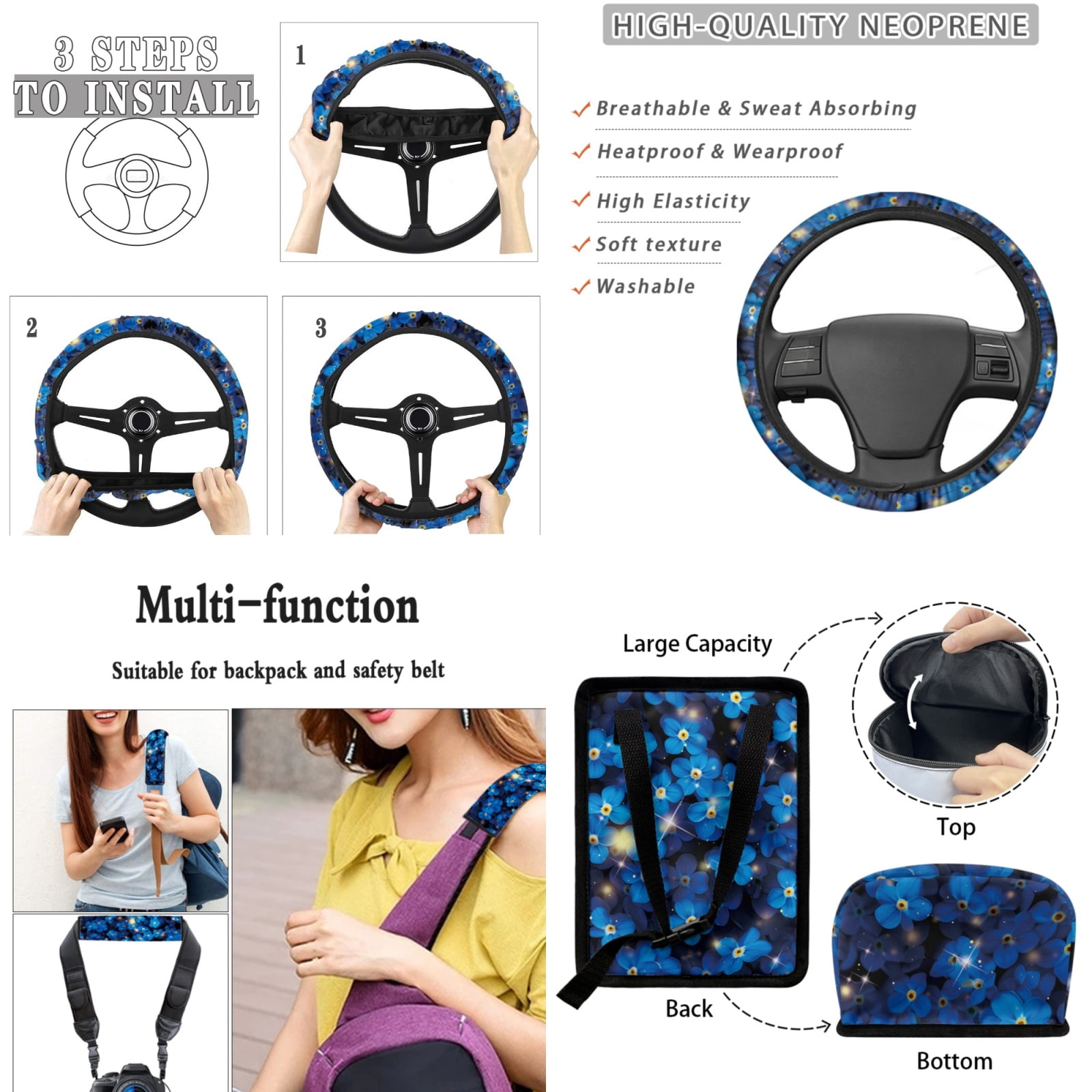 Yuyamidu 15 Pack Blue Flower Car Seat Cover Full Set Women Auto Seat Protector with Steering Wheel Cover Seat Belt Pads Trash Bin Air Vent Organizer Rear View Mirror Cover Coasters Key Chain