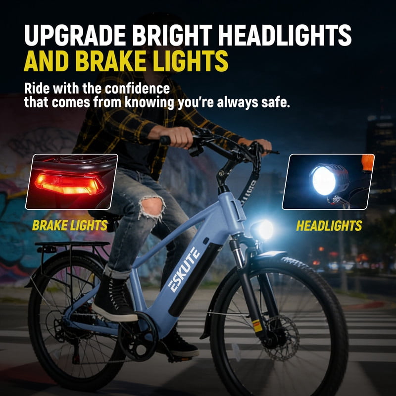 ESKUTE C200 70-Mile Electric Bike for Adults with 840Wh Removable Battery, 1300W Peak Power Ebike, Up to 28MPH Speed, 26" Tires, 7-Speed Adjustable Stem Step-Over E-Bicycle,Blue, UL2849