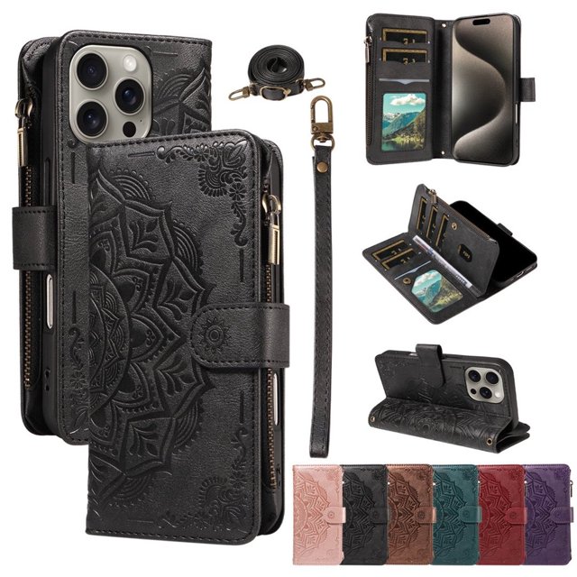 For iPhone 15 Pro Max Wallet Case, 9 Card Slots RFID Blocking Crossbody Leather Cover, Zipper Pocket, Detachable Wrist & Shoulder Strap, Magnetic Shockproof Protective Phone Case for Women,Black