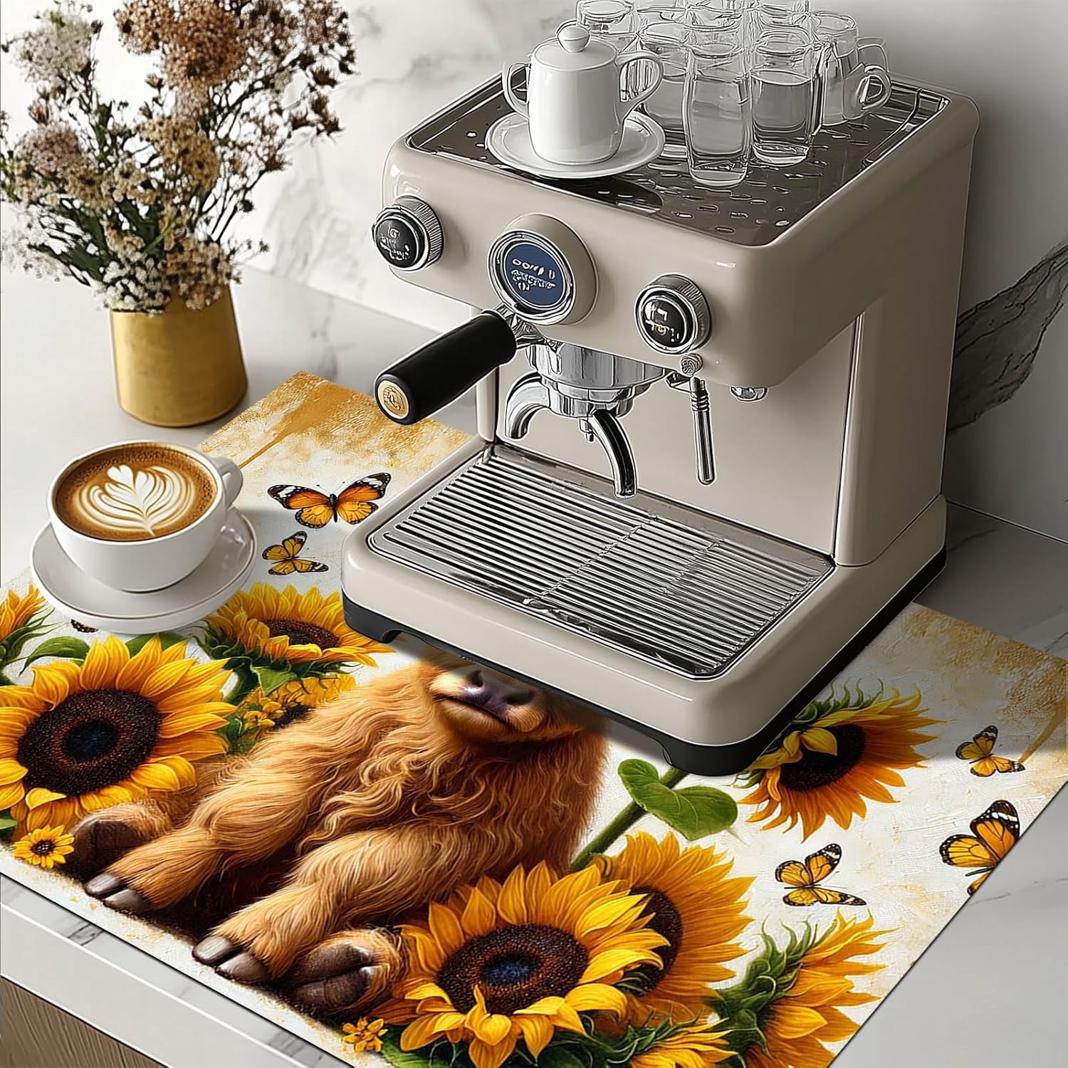 Highland Calf Stove Top Cover for Electric 28x20 Inch Diatomite Kitchen Decor Glass Cooktop Protector Heat Resistant Countertop Mat with Sunflower and Butterfly Design