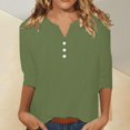 thumbnail image 2 of Linen Tops for Women Trendy V Neck Button 3/4 Sleeve Henley Shirts Casual Dressy Summer Going Out Plus Size Tops Army Green S, 2 of 8