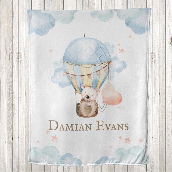 Bear Throw Blanket, Happy Smiling Woodland Animal in a Hot Air Balloon Sky Clouds Stars Heart, Flannel Fleece Accent with Custom Name Photo Backdrop, 80" x 60", Pale Blue Salmon Cream, by Ambesonne