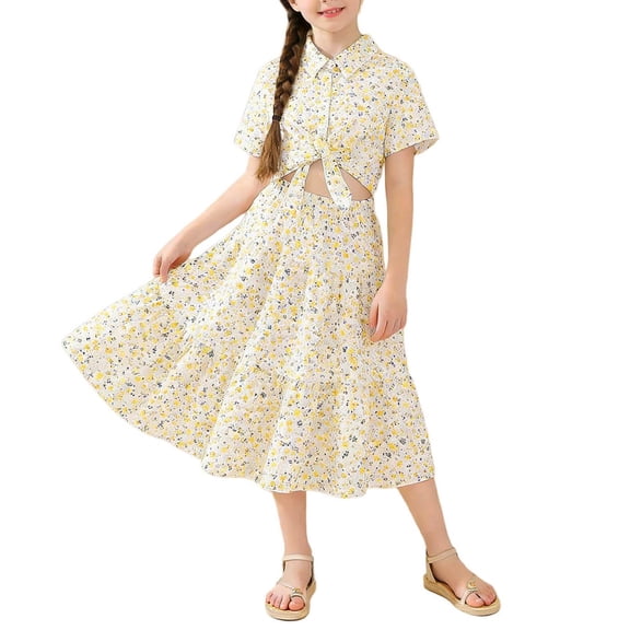 ZToonmas Girls' 2-Piece Skirt Set Short Sleeve Collared Crop Top and Elastic Waist Midi Skirt Sweet Daily Outfit for Girls Ages 8-13