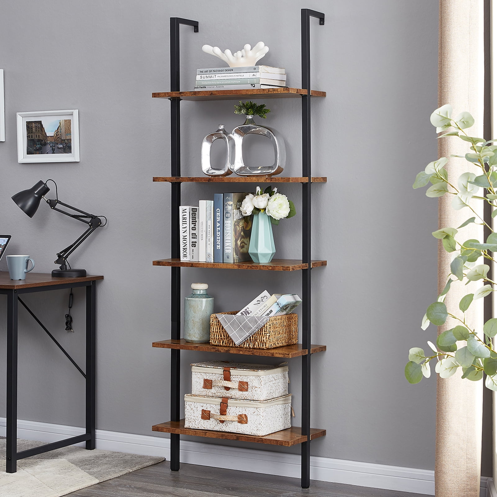 SUPERJARE Modern Ladder Shelf, 5-Tier Open Wall-Mounted Bookshelf with ...