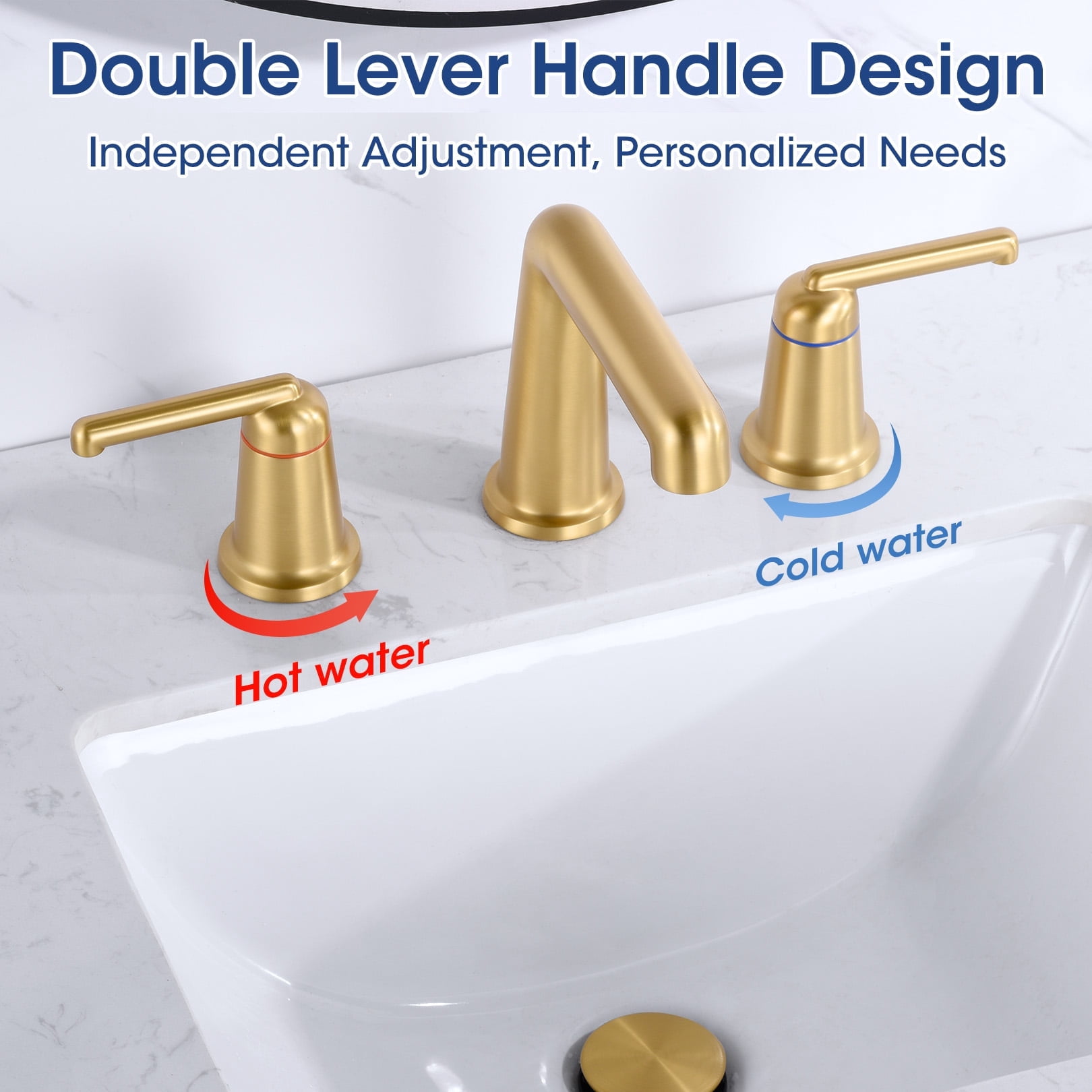 Wowkk 3 Hole Bathroom Faucet 2 Handle Widespread Bathroom Sink Faucet with Pop up Drain and Supply Lines, Brass Vanity Faucet for Rv Farmhouse Lavatory Restroom Sink, Brushed Gold