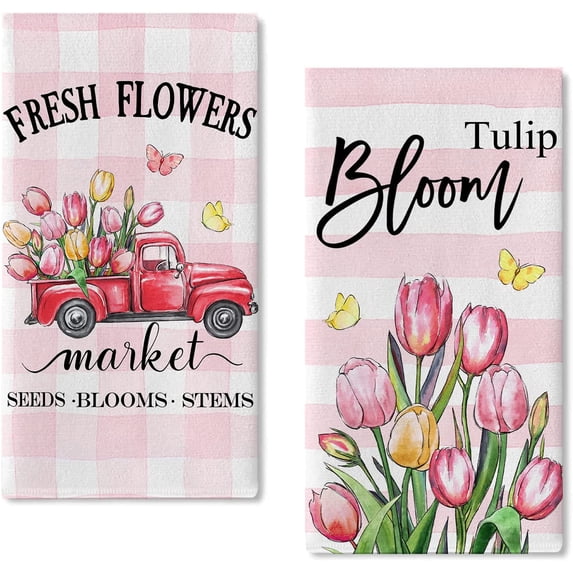 JOOCAR Kitchen Towels, Pink Striped Tulips Blooming Red Truck Fresh Flowers Butterflies Mother's Day 16x27.5 Inches Kitchen Towels for Kitchen Decor Housewarming Gift Towels Set of 2