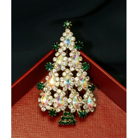 Multi Tiered Aurora Borealis Marquise Rhinestone Christmas Tree Brooch Pin, Xmas Holiday Jewelry Gift