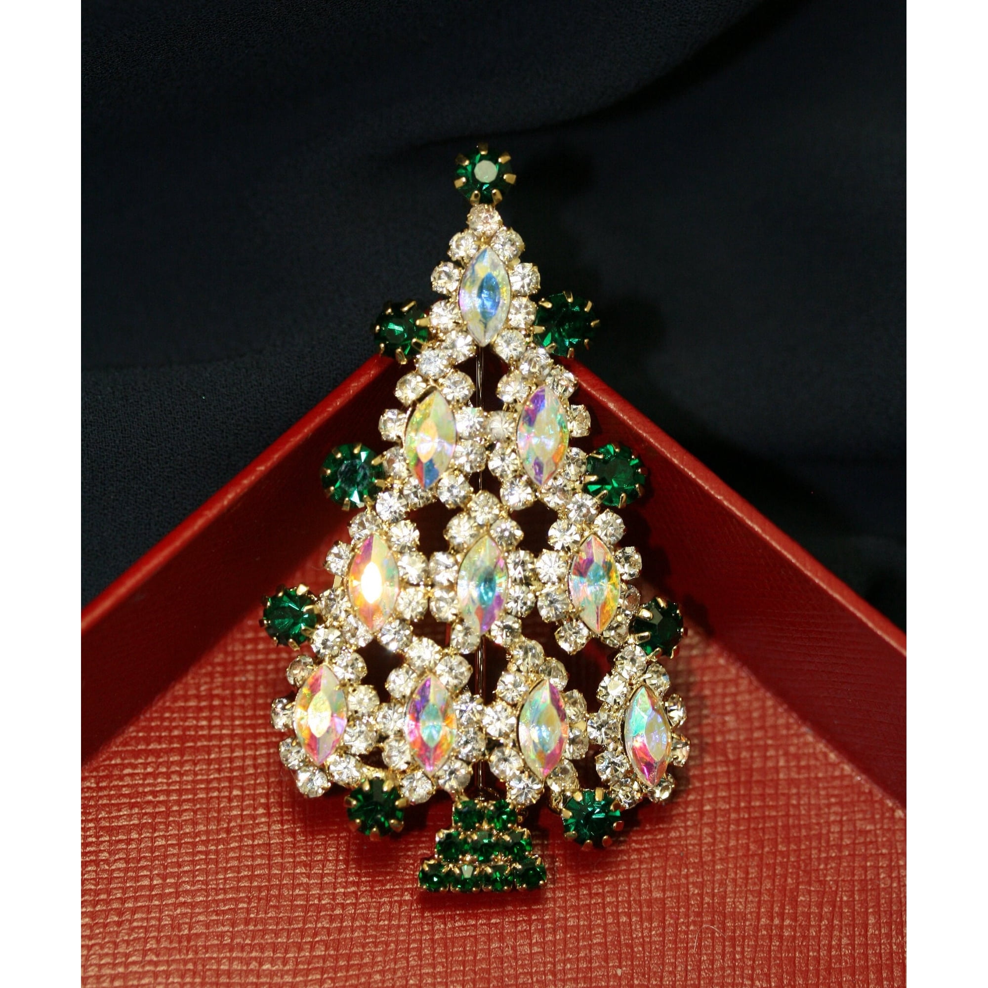 Multi Tiered Aurora Borealis Marquise Rhinestone Christmas Tree Brooch Pin, Xmas Holiday Jewelry Gift