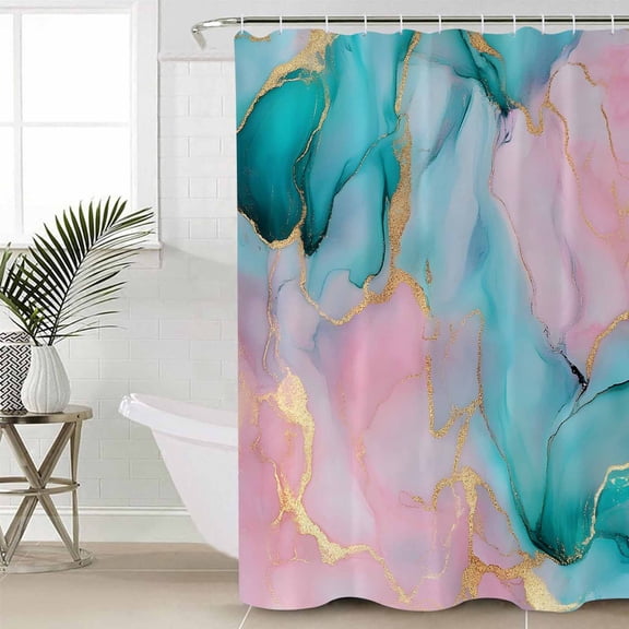 Teal Pink Marble Waterproof Fabric Shower Curtain, Abstract Ink Painting Modern Luxury Shower Curtain for Bathroom Curtains Bathtubs Hotel Washable Shower Curtains with 12 Hooks Stall 48x72in