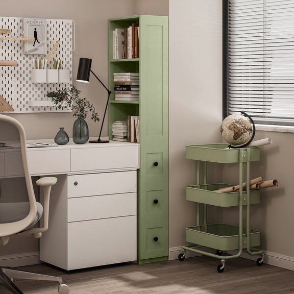 Orithm Tall Narrow Bathroom Storage Cabinet, 67" Floor Cabinet with 2-Way Reversible Door & 3 Drawers, Narrow Pantry Linen Tower with Adjustable Shelves for Small Space, Kitchen, Laundry, Green