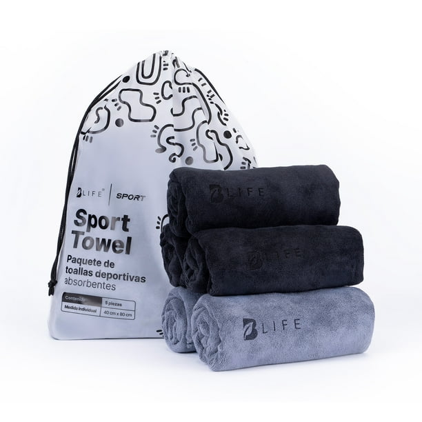 Kit 5 Toallas Deportivas De Microfibra | Negro y Gris | Absorbente | Secado Rápido | Kit Sport Towel | B Life.