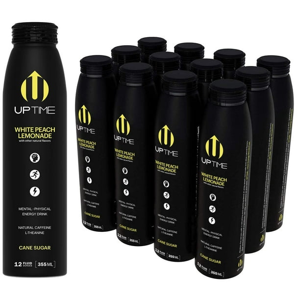 UPTIME Energy Drink White Peach Lemonade Cane Sugar (12 Pack), Premium