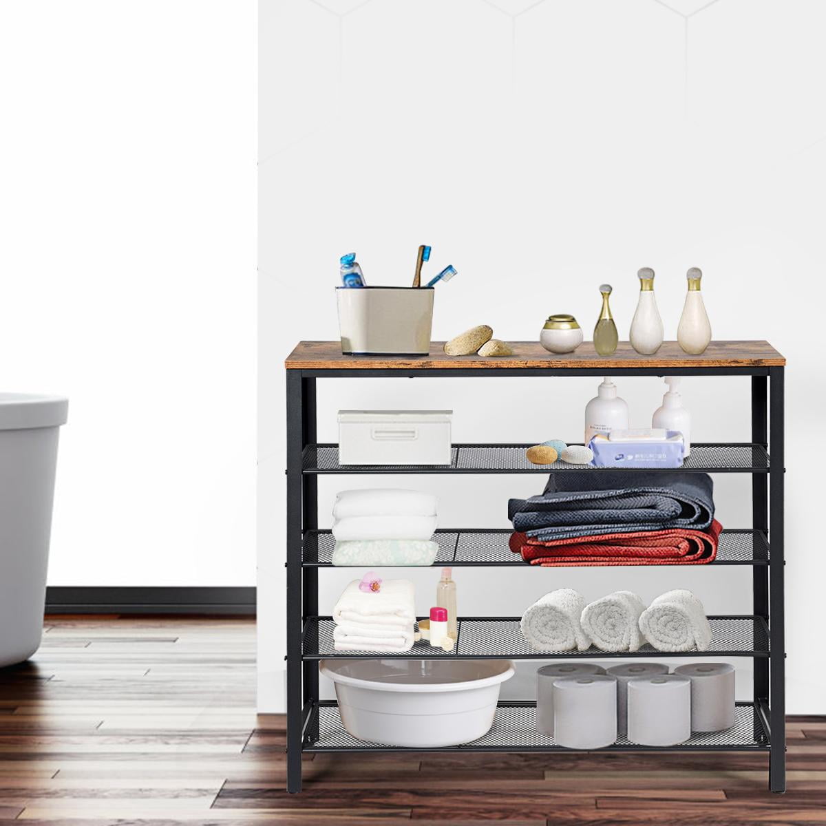 Giantex 5-Tier Shoe Rack, Industrial Metal Shoe Storage Organizer w/ 4 Metal Mesh Shelves for 16-20 Pairs, Multi-Functional Shoe Tower w/ Sturdy Frame for Entryway, Bedroom, Rustic brown