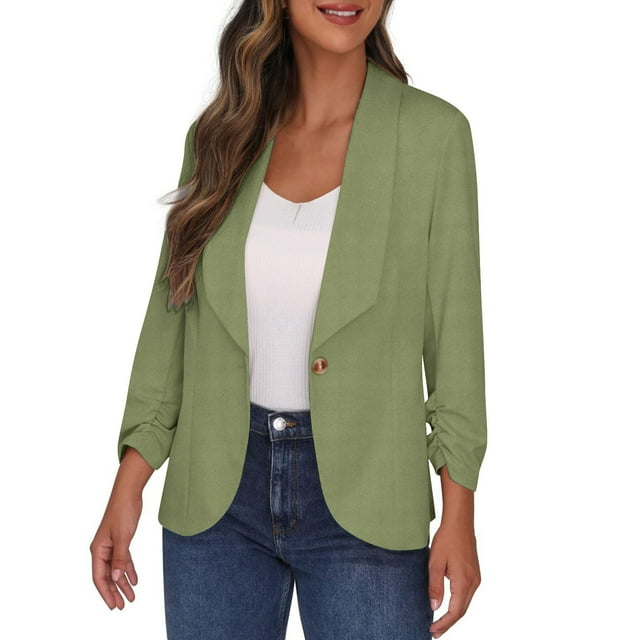 Grrvtrz Women's Ruched 3/4 Sleeve Blazers One Button Slim Fit Blazer Lightweight Office Work Suit Jacket