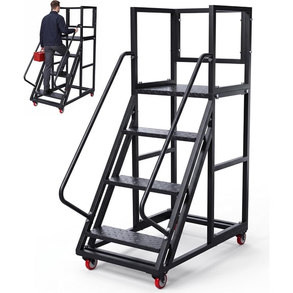 Chantmo 4 Step Rolling Ladder with Wheels Industrial Warehouse Mobile Stair Handrail Fence Non Slip Step Edge Protector Casters 1100 lbs Capacity for School Office Warehouse
