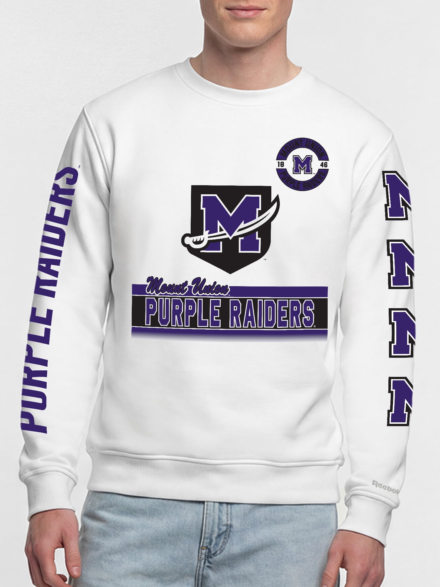 Mount Union Purple Raiders Reebok Mens White Crew Sweatshirt