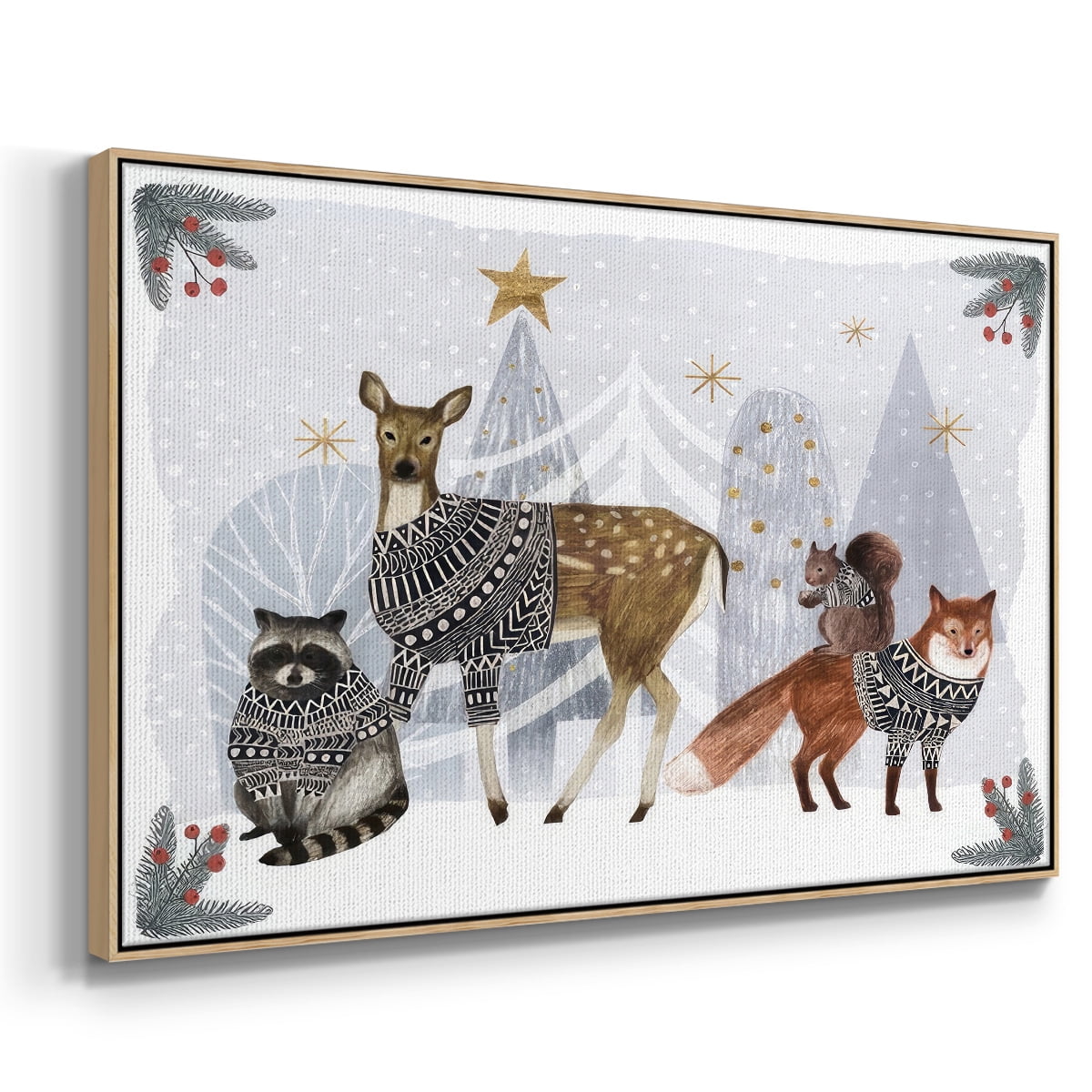 Cozy Christmas Collection A - Framed Gallery Wrapped Holiday Canvas - 27 x 41 - Natural Wood Frame
